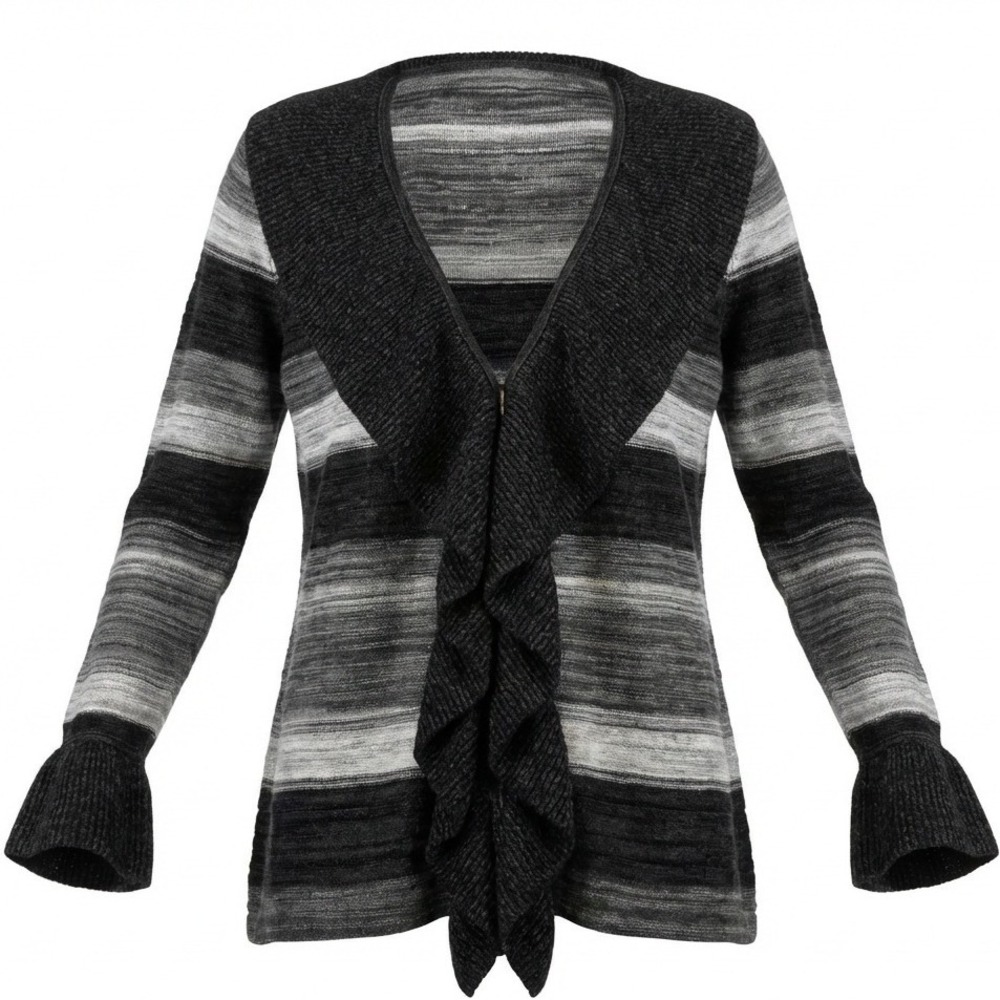 White House Black Market‎ Striped Ruffle Open Front Cardigan Grey Black Large